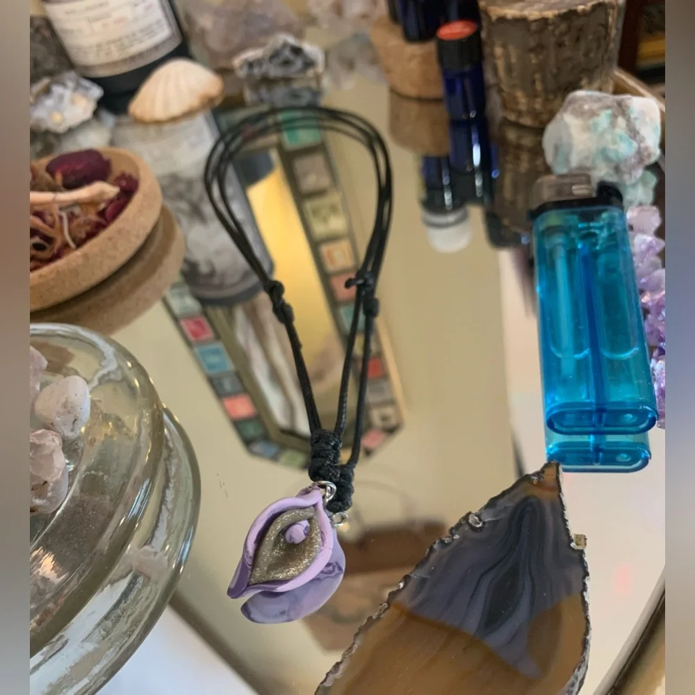 Sensual Floral Necklace Handmade Clay Pendant Adjustable Length Cord - Picture 11 of 12